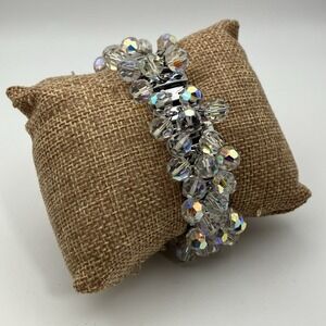 Vintage Aurora Borealis Beaded Stretch Bracelet / Expanding Band /‎ Silver Tone